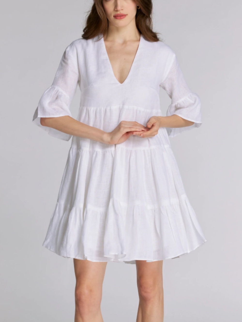 Pomander Place White V-Neck Tiered Mini Dress